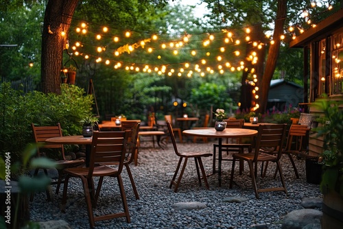 Outdoor patio with string lights. Perfect for showcasing a relaxing evening setting for restaurants or hospitality businesses.