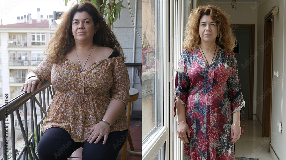 custom made wallpaper toronto digitalA 49-year-old woman’s weight loss transformation captured in two different settings within a Turkish home. The left image shows her with a fuller figure sitting on a balcony, wearing a loose
