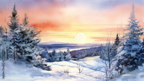 Watercolor of a snowy Christmas landscape