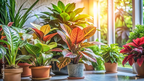 Vibrant indoor plants showcasing colorful leaves, basking in the gentle warmth of soft sunlight photo