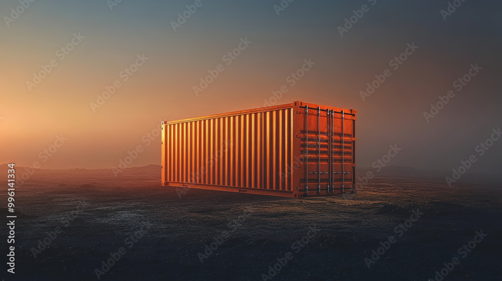 single orange shipping container stands prominently against dark gradient background, illuminated by warm glow from horizon, evoking sense of solitude and industrial strength single orange shipping container stands prominently against dark gradient background, illuminated by warm glow from horizon, evoking sense of solitude and industrial strength