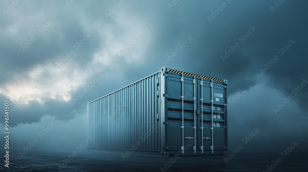 Fototapeta premium single shipping container stands prominently against dark gradient background, surrounded by mist and dramatic clouds, evoking sense of mystery and isolation