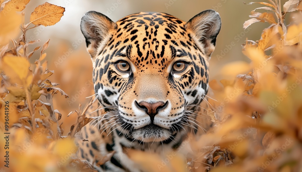 Obraz premium Majestic jaguar among golden foliage, showcasing stunning fur patterns and piercing gaze. A captivating wildlife portrait.