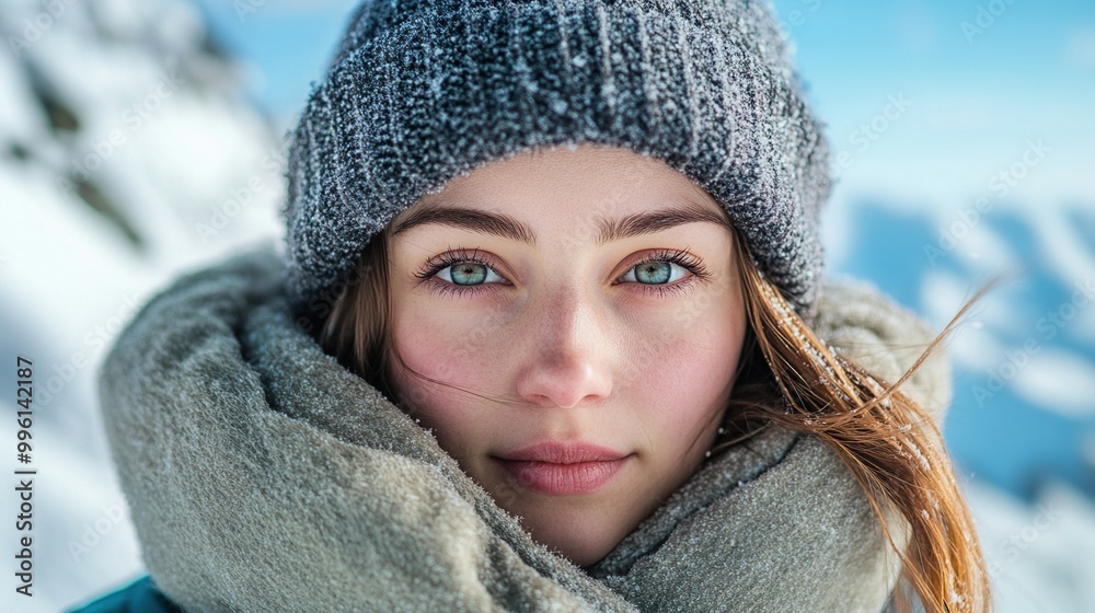 Young woman in winter attire, snowy background. Young woman in winter attire, snowy background.