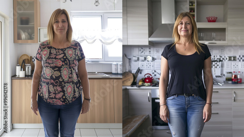 A realistic transformation photo of a 49-year-old woman in Turkey, before and after losing 12kg. On the left, she is standing in her kitchen, fuller in figure, wearing casual house clothes. 