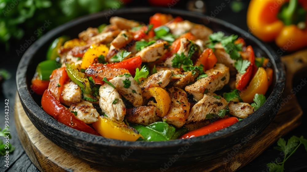 Delicious grilled chicken fajitas with vibrant vegetables on a skillet Delicious grilled chicken fajitas with vibrant vegetables on a skillet