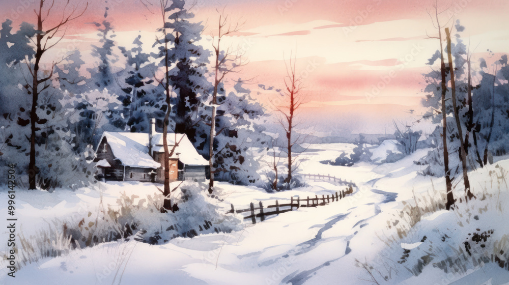 Obraz premium Watercolor of a snowy Christmas landscape