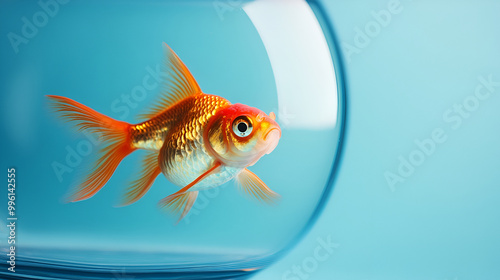 goldfish in an aquarium ,A goldfish in a fish bowl with gravel and plants in the blue background , yellow fish swimming in the aquarium  and the blue background 

