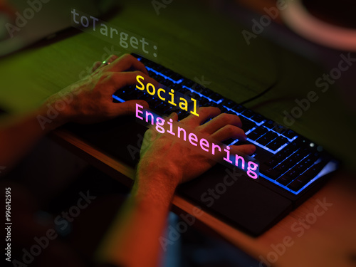 Social engineering text in foreground screen, hands of a anonymous hacker on a led keyboard. Vulnerability text in informatic system style, code on editor screen. Text in English.