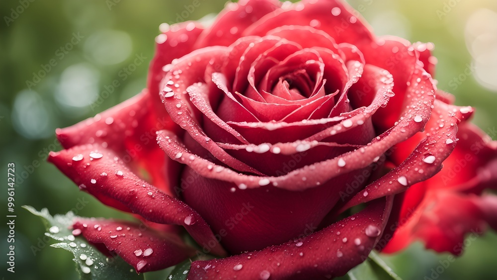 A close-up of a single red rose with water droplets on the petals. A close-up of a single red rose with water droplets on the petals.