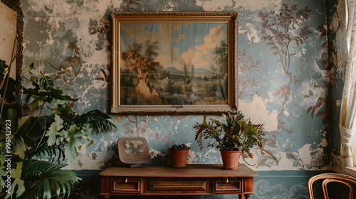 An elegant and quiet bohemian room with a cozy interior with green plants in a flower pot and green walls and paintings Generative AI illustration