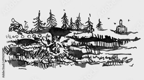 Ink illustration with pine trees. Wall design, desktop design. Sketchbook illustration. Art made by human.