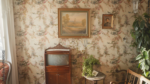 An elegant and quiet bohemian room with a cozy interior with green plants in a flower pot and green walls and paintings Generative AI illustration