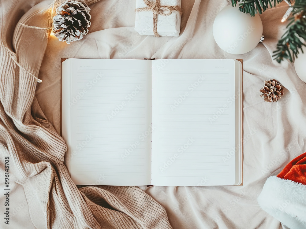 A blank notebook page mockup laid on a cozy knitted blanket. Christmas background. A blank notebook page mockup laid on a cozy knitted blanket. Christmas background.