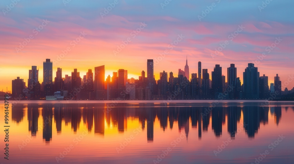 Fototapeta premium Golden Reflections at Dawn, A vibrant urban skyline bathed in soft golden hues, shimmering water mirrors the awakening city, a fresh morning full of promise and energy.