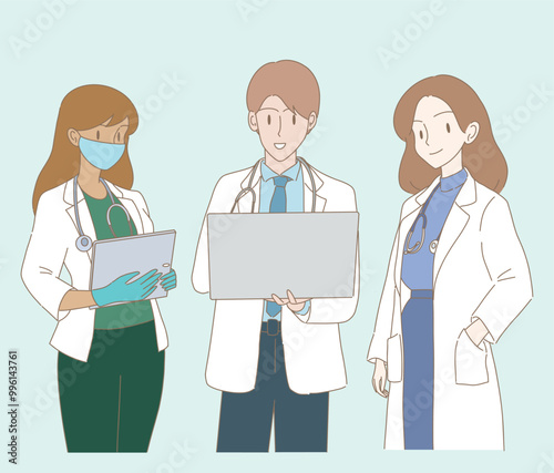 Set of doctors. Therapist, paramedic, nurse, medic workers uniform with stethoscopes working in the healthcare sector, holding computer tablet. Hand drawn flat cartoon character vector illustration.