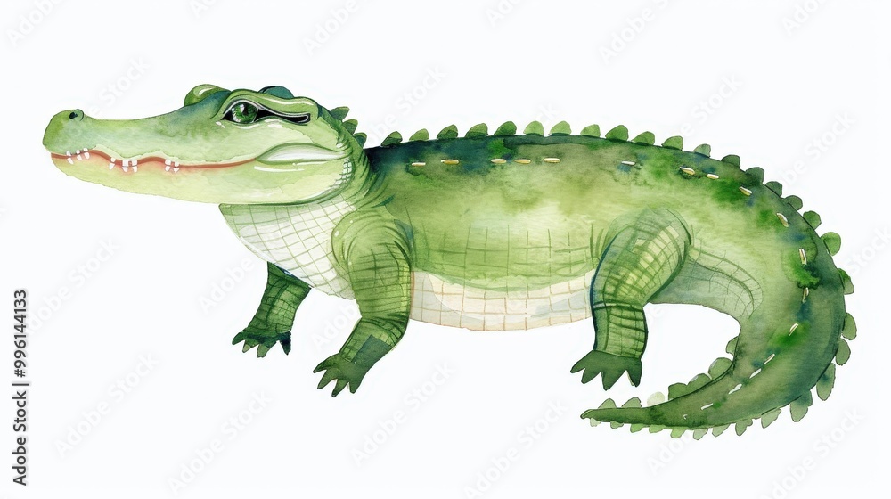 Fototapeta premium Charming Watercolor Crocodile Clipart, delightful design with soft features, ideal for baby shower themes, isolated on white background, ample space for personalized text.