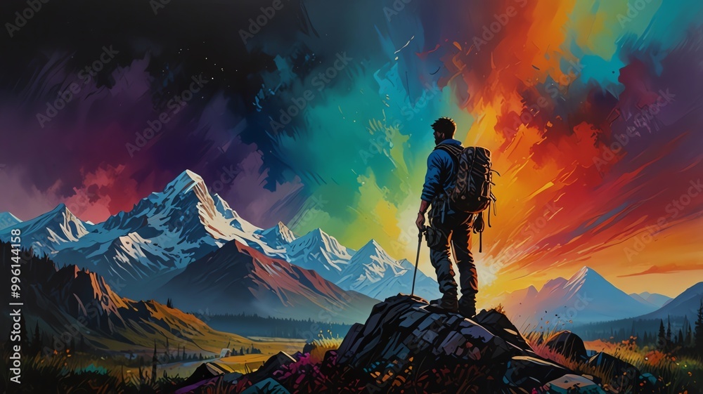 Man standing on mountain peak with colorful sky. Man standing on mountain peak with colorful sky.