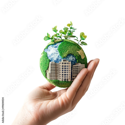 hand holding global earth with green plant and building, sustainability development isolated on transparent background Generative AI