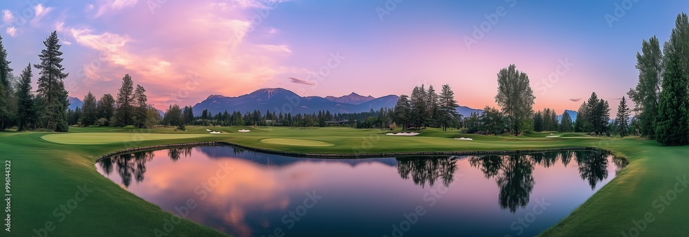 Fototapeta premium A beautiful lake with a golf course in the background