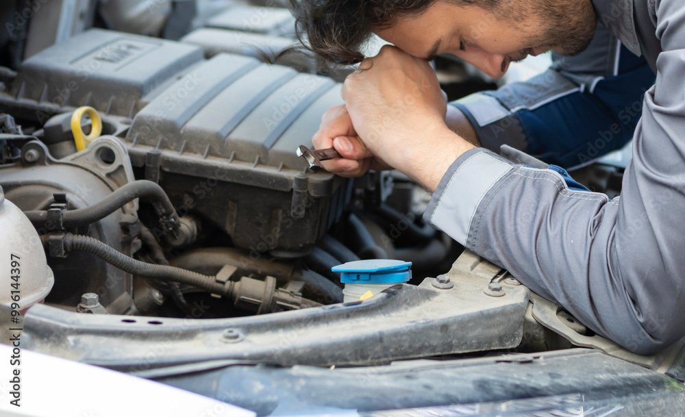 An auto mechanic frustrated because he can't fix the car An auto mechanic frustrated because he can't fix the car