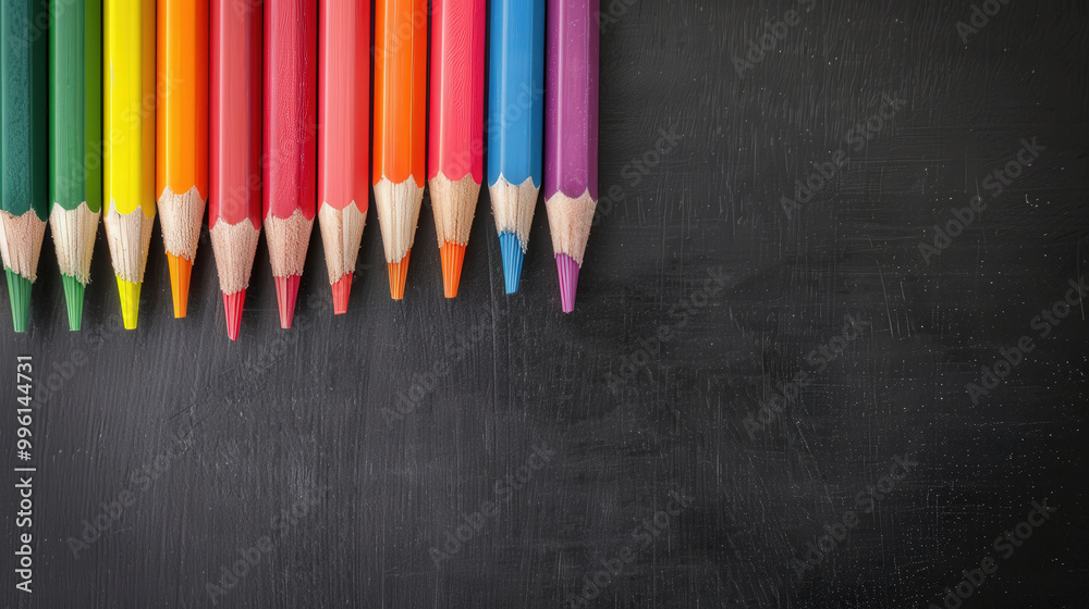 Vibrant Colored Pencils on Chalkboard, a neatly arranged display of colorful pencils on a dark surface, inviting creativity with ample space for notes or drawings Vibrant Colored Pencils on Chalkboard, a neatly arranged display of colorful pencils on a dark surface, inviting creativity with ample space for notes or drawings