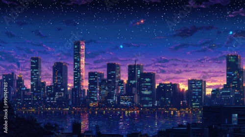 Pixelated Cityscape Under a Starry Night Sky