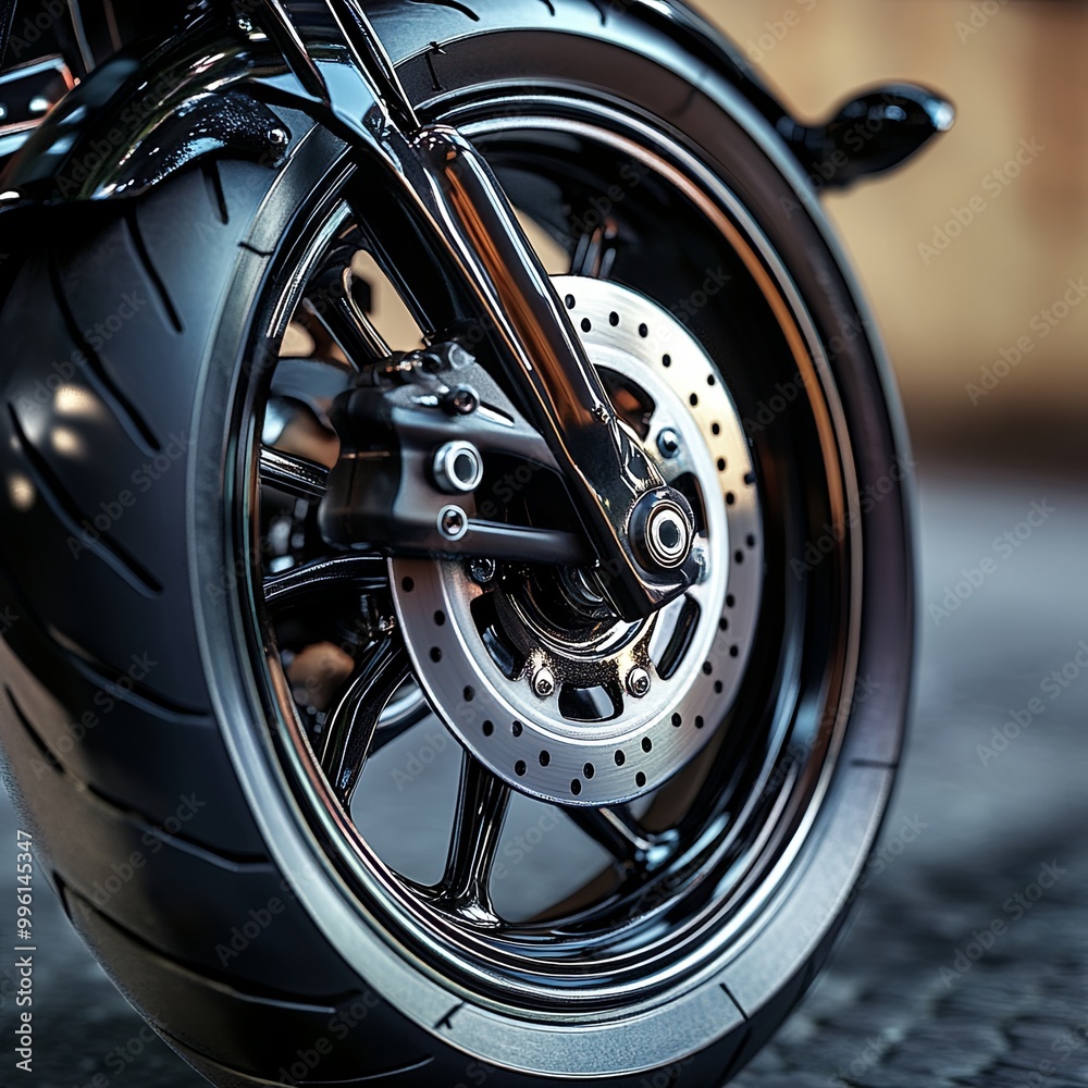 Close up wheel of modern motorcycle.