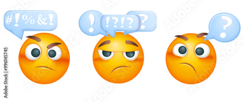 Thoughtful emoji with confused thoughts. Emoticon thinking on white background. Set of cute emoticons
