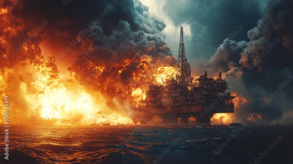 Offshore oil rig on fire with massive flames and dark smoke billowing