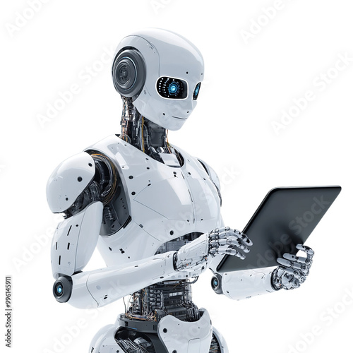 Ai robot using tablet   isolated on transparent background Generative AI
