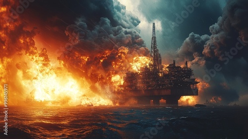 Obraz na płótnie Offshore oil rig on fire with massive flames and dark smoke billowing w salonie