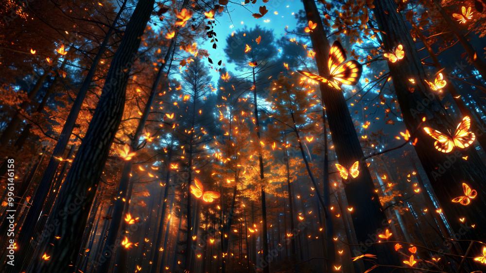Fototapeta premium Magical forest scene with glowing butterflies at twilight