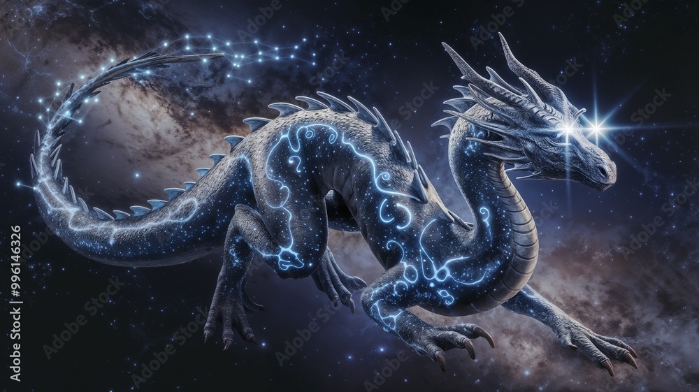 Magical dragon illuminated with constellation patterns in a cosmic background Magical dragon illuminated with constellation patterns in a cosmic background