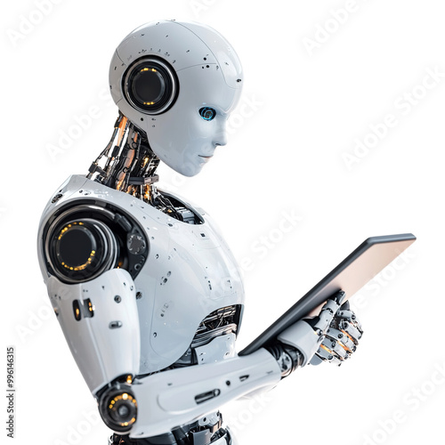 Ai robot using tablet   isolated on transparent background Generative AI