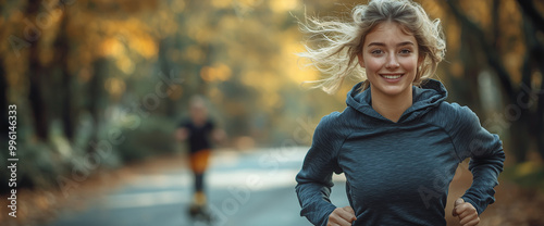 Young woman in sportswear jogging outdoors, smiling at the camera on a city park road