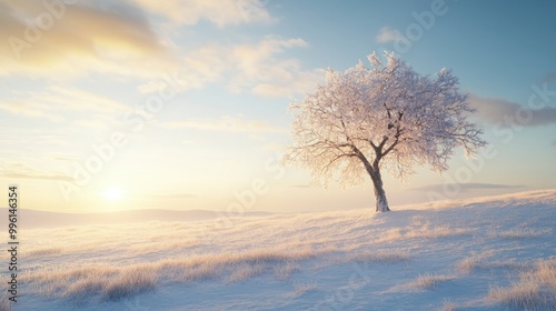 A snowy field with a single, snow-covered tree standing tall against the horizon, with the early morning sun casting a soft glow on the frost-covered branches.