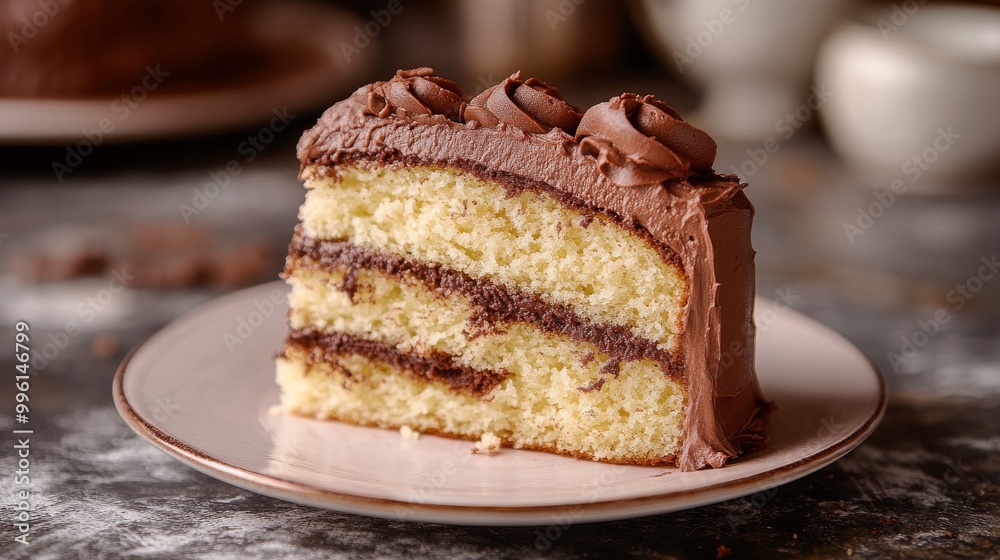A yummy slice of marble cake with chocolate frosting, ready to eat. A yummy slice of marble cake with chocolate frosting, ready to eat.