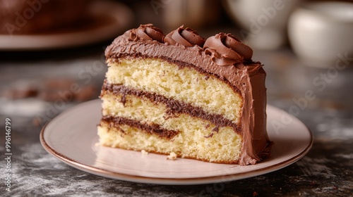 A yummy slice of marble cake with chocolate frosting, ready to eat.