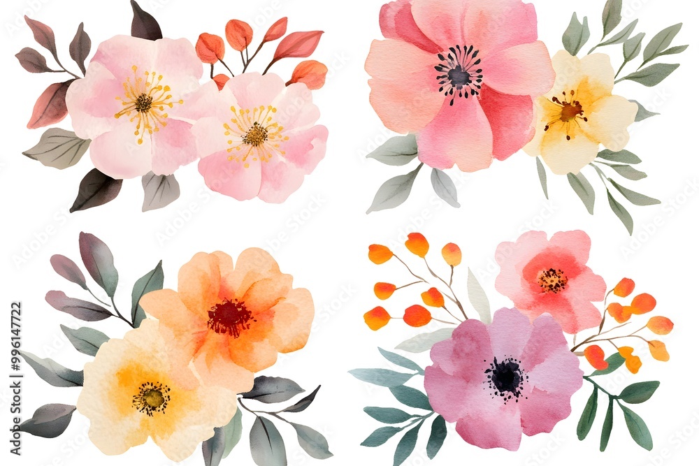 Obraz premium Set of watercolor flower bouquets, clipart isolated on a white background, in pastel colors,