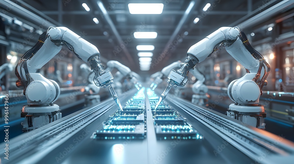 A factory assembly line featuring robotic arms assembling electronic devices, showcasing automated production, high-tech manufacturing, and industrial efficiency in electronics production.
A factory assembly line featuring robotic arms assembling electronic devices, showcasing automated production, high-tech manufacturing, and industrial efficiency in electronics production.
