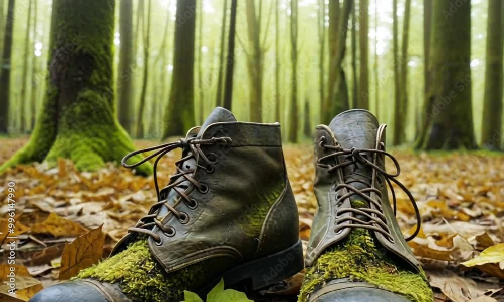 a pair of worn and mossy army boots in a dense forest is very dramatic