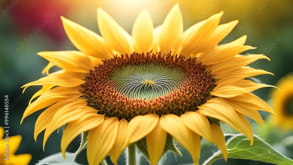 Fototapeta premium A vibrant yellow sunflower blooms in a field, bathed in warm sunlight. Its large petals and central disk are in sharp focus, creating a cheerful and optimistic image.