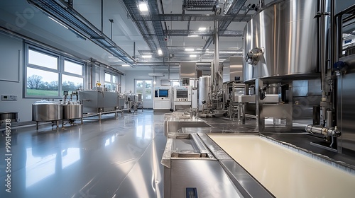 A modern industrial kitchen filled with stainless steel equipment, large surfaces, and bright lighting, designed for food processing and preparation. photo