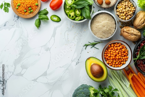 neat flatlay arrangement vegan food products white marble kitchen counter Include tofu quinoa almond milk fresh herbs legumes surrounded slices avocado colorful bell peppers fresh greens minimalist de photo