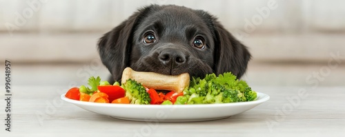 Wallpaper Mural A happy black dog with a bone surrounded by fresh vegetables on a plate, showcasing healthy pet diet. Torontodigital.ca