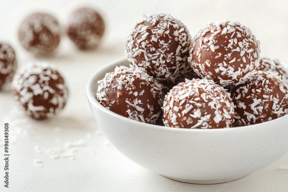 A white bowl filled with chocolate coconut balls on a white table. A white bowl filled with chocolate coconut balls on a white table.