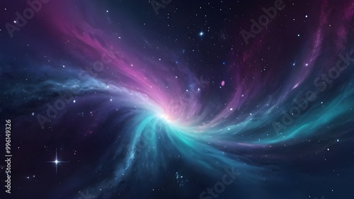 A space-inspired gradient background that shifts from dark midnight blue to violet, with bright spots of turquoise and soft pinks, creating swirling, abstract star clusters