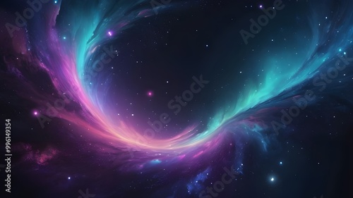 A space-inspired gradient background that shifts from dark midnight blue to violet, with bright spots of turquoise and soft pinks, creating swirling, abstract star clusters