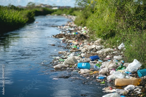 Plastic waste litters a river bank. Illustrates pollution impacting waterways and calls for environmental awareness.